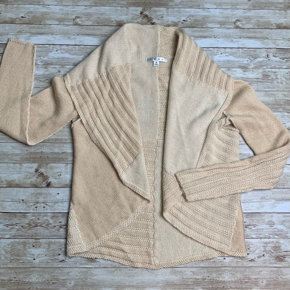 Cabi Wool Blend Cardigan Sweater Beige Patchwork Open Front #483 Size S